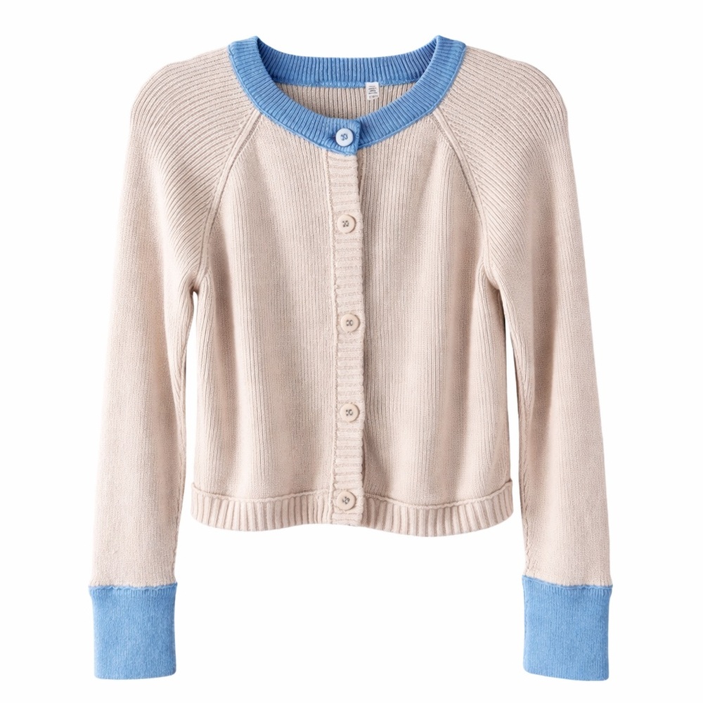 RD Style Contrast Collar Cardigan Sweater Cream Blue Size Small